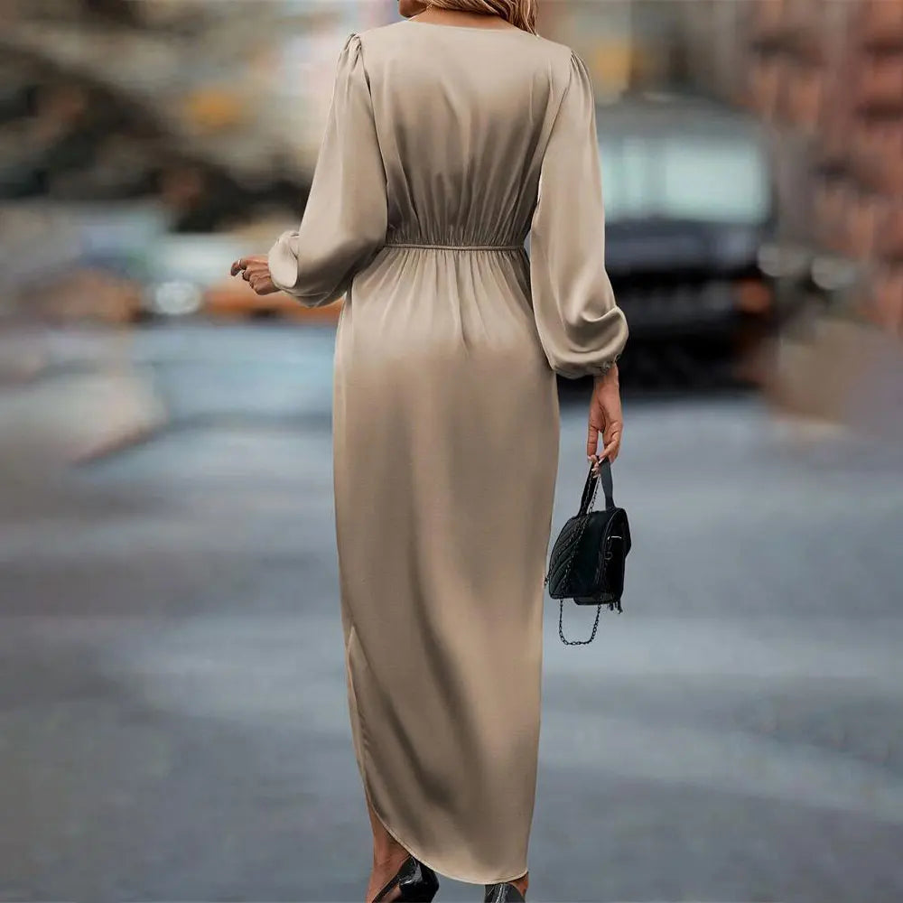 Elegant Round Neck Satin Long Sleeve Dress For Woman